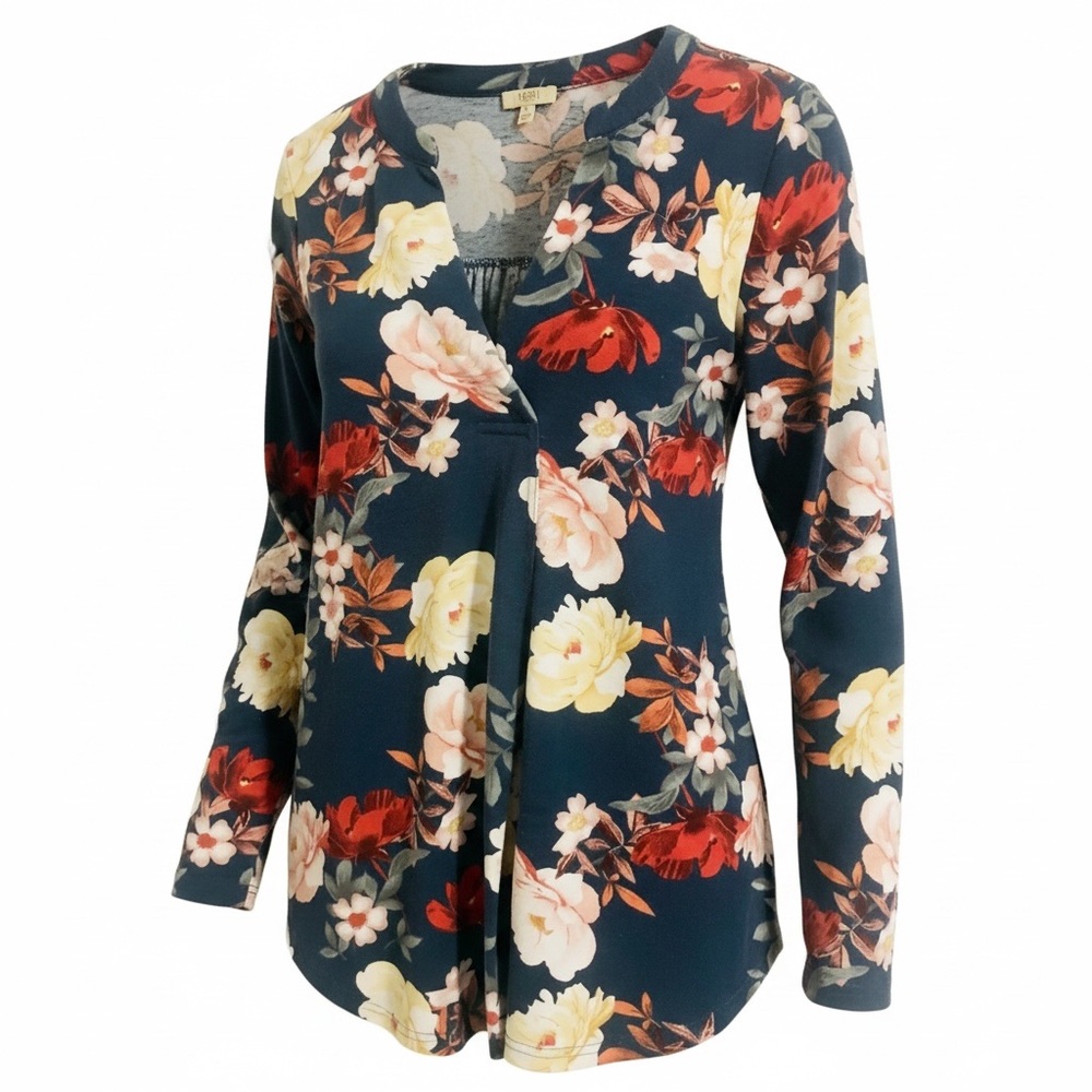 Botanical Floral Boho Blouse Sz S Blue V-Neck Tunic Stretch Flowy Romantic Rose